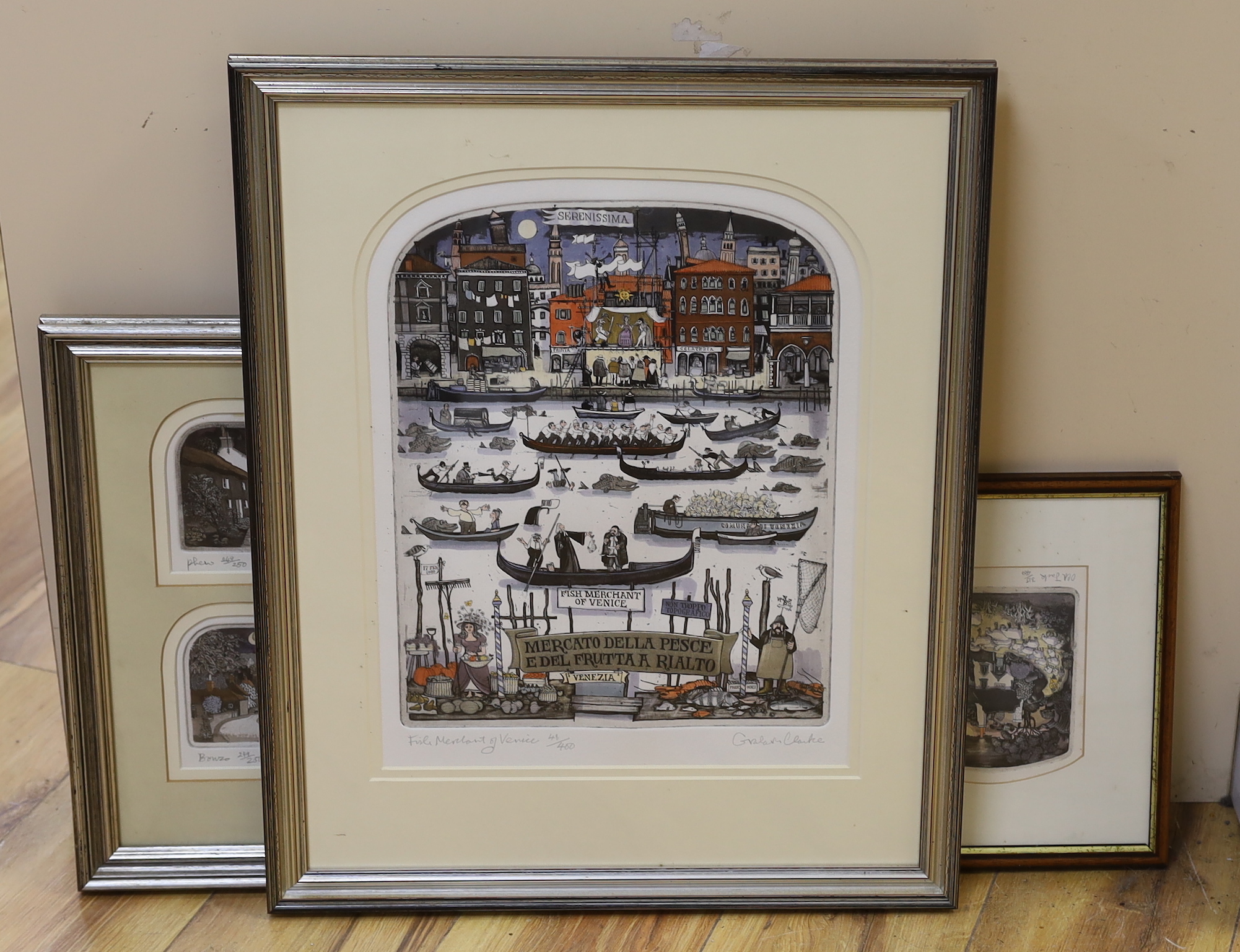 Graham Clarke (b.1941) seven colour etchings, including 'Fish Merchant of Venice', 'Old Jack' and a set of four mounted and framed as one, each signed in pencil and limited edition, largest 38 x 29cm